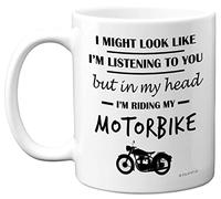 Stuff4 Taza de motocicleta con texto en inglés In My Head I'm Riding My Motorbike, divertido regalo para hombres, motociclista, 325 ml, apta para lavavajillas, taza novedosa