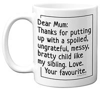Stuff4 Tazas de cumpleaños para mamá - Taza para mamá - Regalo de cumpleaños para mamá, gracias por poner con mi hermano, regalos divertidos para mamá, taza de café para el día de la madre, cumpleaños, día de Navidad, fabricado en el Reino Unido