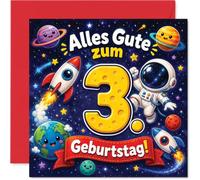 Stuff4 Verspielte Geburtstagskarte zum 3. Geburtstag - Abenteuer im Weltall - Bunte Rakete und Astronaut mit Großer Gelber 3-145 mm Quadratisch, Umschlag Inklusive