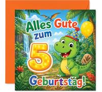 Stuff4 Verspielte Geburtstagskarte zum 5. Geburtstag - Fröhlicher Dino-Spaß - 145 mm Quadratisch, Umschlag Inklusive