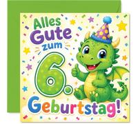 Stuff4 Verspielte Geburtstagskarte zum 6. Geburtstag - Fröhlicher Drache Feiert den 6. Geburtstag - Bunte Konfetti-Party mit Zahl 6 und Partyhut - 145 mm Quadratisch, Umschlag Inklusive