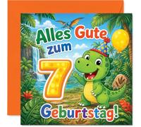 Stuff4 Verspielte Geburtstagskarte zum 7. Geburtstag - Fröhliche Dino-Party - Lachender Dinosaurier mit Partyhut und Ballons im Dschungel - 145 mm Quadratisch, Umschlag Inklusive