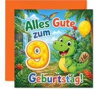 Stuff4 Verspielte Geburtstagskarte zum 9. Geburtstag - Fröhlicher Dino-Spaß zum 9. - 145 mm Quadratisch, Umschlag Inklusive