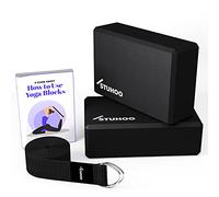 STUHOO Juego de 2 bloques de yoga y correa, bloques de espuma EVA resistentes y correa de algodón negro ligera, mejora las posturas y la estabilidad para yoga y pilates