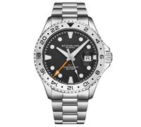 Stuhrling Original Equinox GMT 4077 - Reloj GMT de cuarzo para hombre, 43 mm, movimiento de doble hora, bisel bidireccional, pulsera de acero inoxidable, Negro