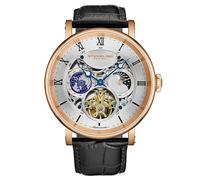 Stuhrling Original Reloj automático de doble hora, caja de 47 mm, esfera de esqueleto, correa de cuero, indicador AM/PM de sol/luna, resistente al agua a 5 ATM, Oro Rosa, Moderno