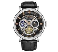 Stuhrling Original Reloj automático de doble hora, caja de 47 mm, esfera de esqueleto, correa de cuero, indicador AM/PM de sol/luna, resistente al agua a 5 ATM, Negro, Moderno