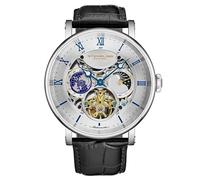 Stuhrling Original Reloj automático de doble hora, caja de 47 mm, esfera de esqueleto, correa de cuero, indicador AM/PM de sol/luna, resistente al agua a 5 ATM, Plateado negro, Moderno