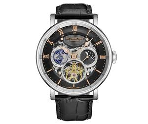Stuhrling Original Reloj automático de doble hora, caja de 47 mm, esfera de esqueleto, correa de cuero, indicador AM/PM de sol/luna, resistente al agua a 5 ATM, Negro, Moderno