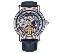 Stuhrling Original Reloj automático para hombre, caja plateada, bisel plateado, correa de cuero genuino en relieve de cocodrilo, Azul Dorado, Moderno