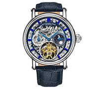 Stuhrling Original Reloj automático para hombre, caja plateada, bisel plateado, correa de cuero genuino en relieve de cocodrilo, Azul, Reloj automático