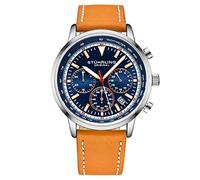 Stuhrling Original Reloj cronógrafo para hombre, caja de acero de 44 mm, esfera azul con correa de cuero, taquímetro subdial de 24 horas, Azul-Bronceado, Cronógrafo