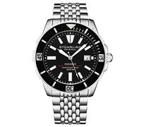 Stuhrling Original Reloj de buceo automático para hombre con movimiento suizo, caja de acero inoxidable plateado, pulsera de cuentas de acero inoxidable, negro
