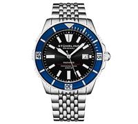 Stuhrling Original Reloj de buceo automático para hombre con movimiento suizo, caja de acero inoxidable plateado, pulsera de cuentas de acero inoxidable, Negro y azul.