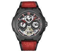 Stuhrling Original Reloj de navegación automático de doble hora, caja de acero inoxidable de 46 mm, hora dual, esfera esqueleto, indicador de fase sol/lunar, Rojo Negro