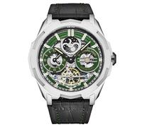 Stuhrling Original Reloj de navegación automático de doble hora, caja de acero inoxidable de 46 mm, hora dual, esfera esqueleto, indicador de fase sol/lunar, Verde