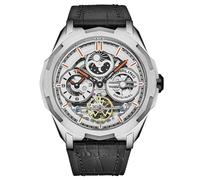 Stuhrling Original Reloj de navegación automático de doble hora, caja de acero inoxidable de 46 mm, hora dual, esfera esqueleto, indicador de fase sol/lunar, Plateado negro