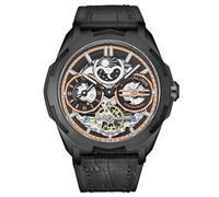 Stuhrling Original Reloj de navegación automático de doble hora, caja de acero inoxidable de 46 mm, hora dual, esfera esqueleto, indicador de fase sol/lunar, negro rosa dorado