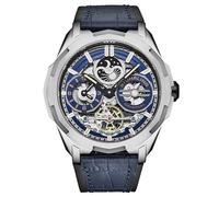 Stuhrling Original Reloj de navegación automático de doble hora, caja de acero inoxidable de 46 mm, hora dual, esfera esqueleto, indicador de fase sol/lunar, Azul