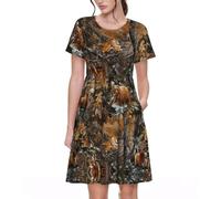 Stujvc Hunting Deer Bear Moose - Vestido de manga corta para mujer, hasta la rodilla, cintura elástica y bolsillos, para uso diario, Negro, M