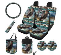 STUOARTE Eagle Aztec Print - Juego de accesorios para el interior del automóvil, fundas de asiento delantero y funda de asiento trasero dividido, protector de volante de 15 pulgadas, cubo de basura