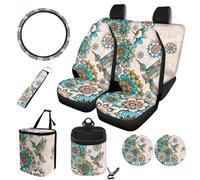 STUOARTE Juego completo de 10 fundas para asiento de coche, diseño de mandala de colibrí, protector de asiento delantero y trasero con funda para volante, cubo de basura, bolsa de almacenamiento de