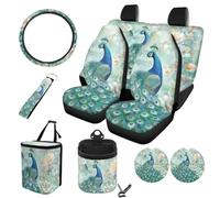 STUOARTE Juego completo de 10 fundas para asiento de coche, estampado de pavo real, cómodo y transpirable, protector de asiento delantero y trasero con funda para volante, posavasos, cubo de basura