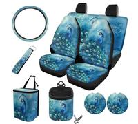 STUOARTE Juego de 10 accesorios para el interior del automóvil, estampado de pavo real, cómodo, transpirable, protector de asiento delantero y trasero con funda para volante, ajuste universal para la