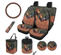 STUOARTE Juego de 10 accesorios para el interior del automóvil, protector de cojín de asiento delantero y trasero con estampado de flores de mandala de gallo, funda de volante de 15 pulgadas