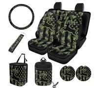 STUOARTE Juego de 10 fundas para interior de coche con estampado de bandera estadounidense, protector suave de camuflaje para asiento delantero y trasero con funda para volante, cubo de basura, bolsa