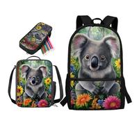 STUOARTE Juego de 3 mochilas para niños, adolescentes, niños y niñas, juego de mochila escolar grande con lonchera y estuche para estudiantes, Flor de koala, gris y verde