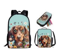 STUOARTE Juego de 3 mochilas para niños con lonchera y estuche para lápices, bolsa de escuela secundaria para niños y niñas, Dachshund Flower Daisy - Multicolor, Talla única, Mochilas