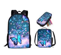 STUOARTE Juego de 3 mochilas para niños, mochila escolar con bolsa de almuerzo, estuche para lápices, bolsa de libros escolares de 17 pulgadas para niños y niñas, azul con mariposas, Talla única,