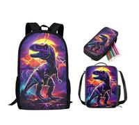 STUOARTE Juego de 3 mochilas para niños y niñas, mochila escolar ligera para estudiantes con bolsa de almuerzo aislada, estuche para lápices, Puesta de sol de dinosaurio, multicolor, Talla única,