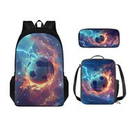 STUOARTE Juego de mochila 3 en 1, juego de mochila para niños de 17 pulgadas con caja de lápices, mochila ligera y lonchera para niños y niñas, Balón de fútbol Lightning Fire, naranja y azul, Talla