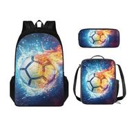 STUOARTE Juego de mochila de 3 piezas, juego de mochila escolar para niños con bolsa de almuerzo, bolsa de lápices, bolsa ligera para libros para niños y niñas, Balón de fútbol Water Fire, azul y