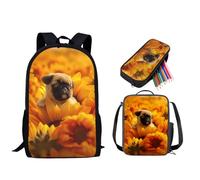 STUOARTE Juego de mochila de 3 piezas, juego de mochila para niños con lonchera y estuche para lápices para estudiantes de primaria, mochila para estudiantes de primaria, Pug Girasol - Amarillo, Talla