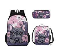 STUOARTE Juego de mochila de 3 piezas para niños, juego de mochila ligera con lonchera y estuche para lápices, mochila escolar para niños y niñas, Bulldog francés flor de cerezo, rosa y gris, Talla