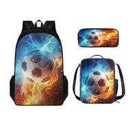 STUOARTE Juego de mochila para niños, 3 piezas, bolsa escolar de gran capacidad para estudiantes, bolsa ligera para lápices, Balón de fútbol Lightning Fire, naranja y azul, Talla única, Mochila para