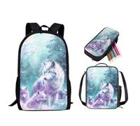 STUOARTE Juego de mochila para niños, adolescentes, niños y niñas, juego de mochila escolar de 3 piezas con lonchera y bolsa para bolígrafos, mochila para estudiantes, Bosque de lobos - Verde y