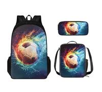STUOARTE Juego de mochila para niños, juego de 3 bolsas para libros con bolsa de almuerzo y estuche para lápices, mochila escolar ligera para niños y niñas, Balón de fútbol Water Fire, azul y naranja,