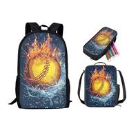 STUOARTE Juego de mochila para niños, mochila de 3 piezas y lonchera para niños y niñas, bolsa ligera con estuche para lápices, Water Fire Softball - Azul y naranja, Talla única, Mochilas