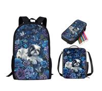 STUOARTE Juego de mochila para niños y niñas para la escuela, juego de 3 piezas con lonchera y bolsa de lápices para niños y niñas y estudiantes, Shih Tzu Flower Butterfly - Azul, Talla única,