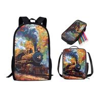 STUOARTE Mochila escolar de 3 piezas para niños y niñas, con lonchera y estuche para lápices, mochila para estudiantes, mochila casual, Tren, multicolor, Talla única, Mochilas de viaje