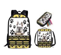 STUOARTE Mochila escolar de 3 piezas para niños y niñas, con lonchera y estuche para lápices, mochila para estudiantes, mochila casual, Pata de bulldog francés, amarillo y blanco, Talla única,