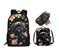 STUOARTE Mochila escolar para niños, juego de mochila de 3 piezas para niños y niñas, juego de mochila ligera con bolsa de almuerzo y estuche para lápices, Shih Tzu Flower Butterfly - Negro, Talla