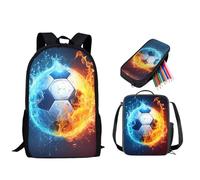 STUOARTE Mochila escolar para niños, juego de mochila de 3 piezas para niños y niñas, juego de mochila ligera con bolsa de almuerzo y estuche para lápices, Balón de fútbol con fuego, azul y naranja,