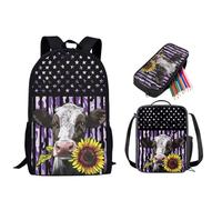 STUOARTE Mochila para niños y niñas, juego de mochila para estudiantes con lonchera y estuche para lápices, bolsa de escuela primaria preescolar, Bandera estadounidense de girasol de ganado, color