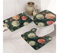 STVYUKL Juego de 3 tapetes de baño antideslizantes lavables con contorno en forma de U, tapetes de baño absorbentes de microfibra con estampado de rosas para decoración de bañera, ducha