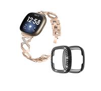 (Style A Fitbit Versa 3, Gold) For Fitbit Versa 3/Sense Design Smartwatch Wrist Strap+Two Row Rhinestones Black Protective Case